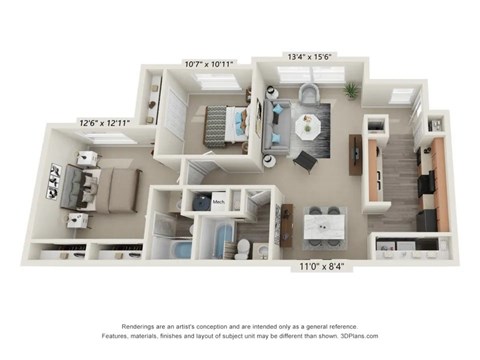 Floor plan for 2 beds, 2 baths, 1048 sqft